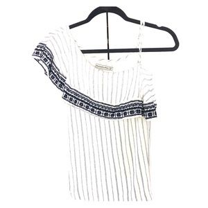 Flowly one shoulder ruffle navy and white top